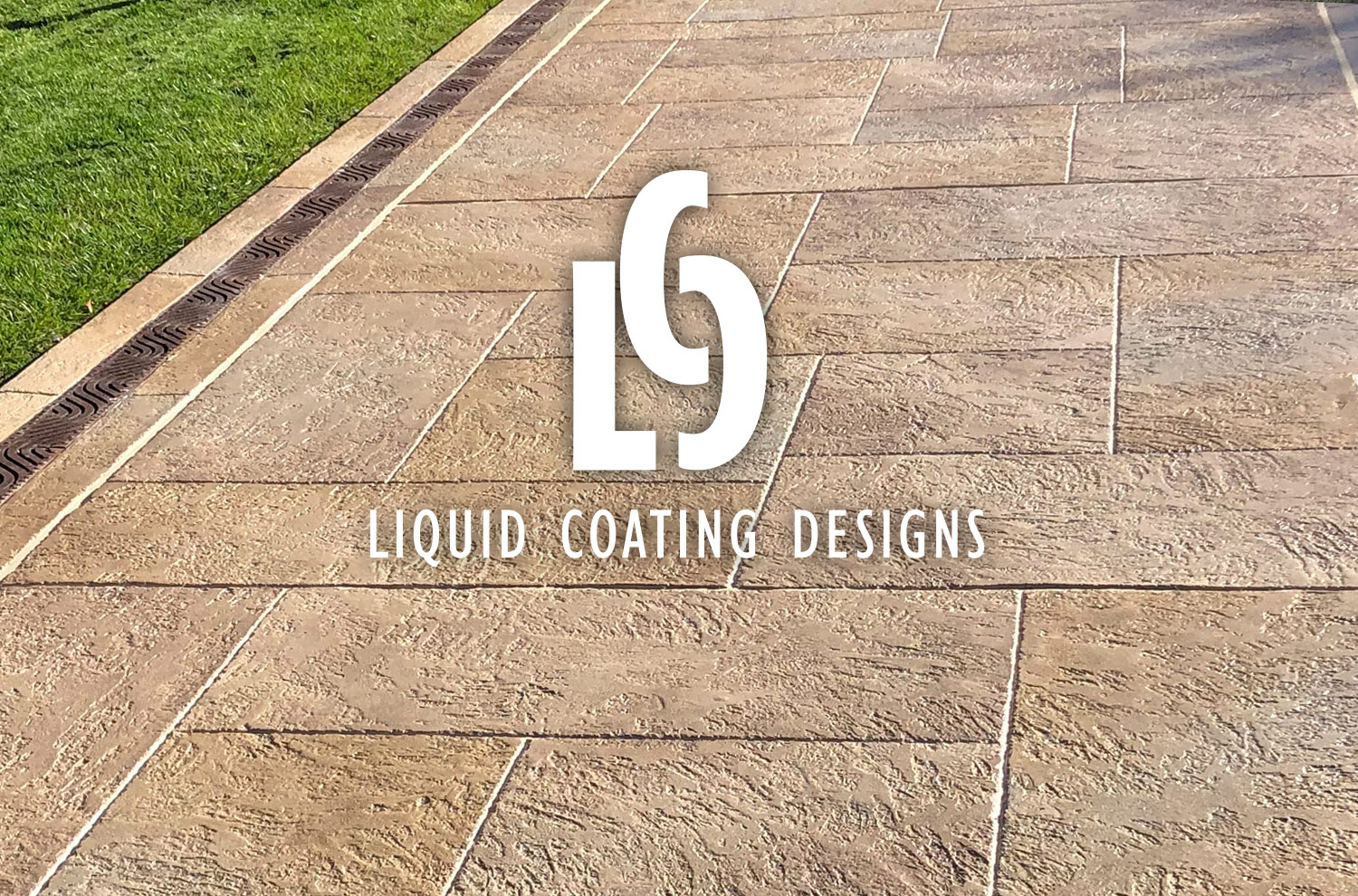 Liquid Coating Designs site launch View of a concrete patio with the Liquid Coating Design logo