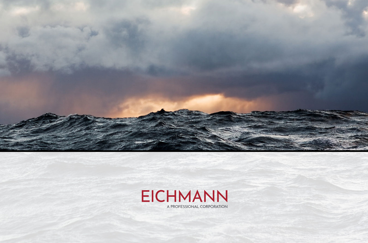 Eichmann Image collage featuring a view of the sea with the sun shining through and a logo for Eichmann
